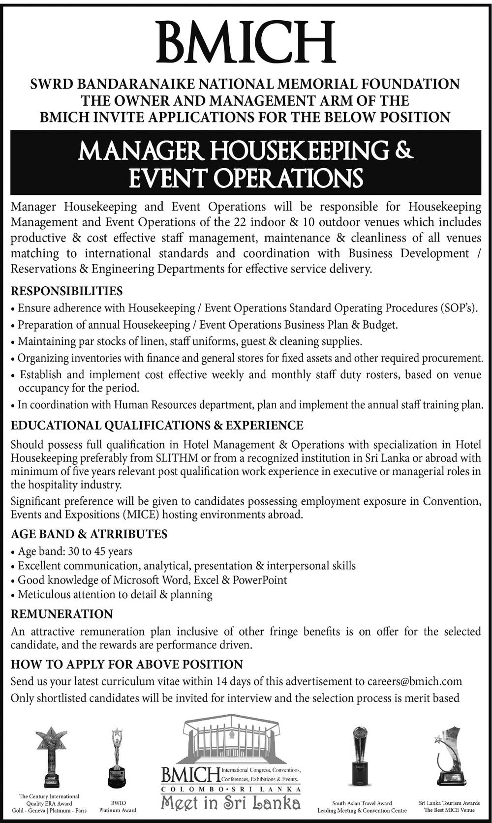 Manager - Housekeeping and Event operations