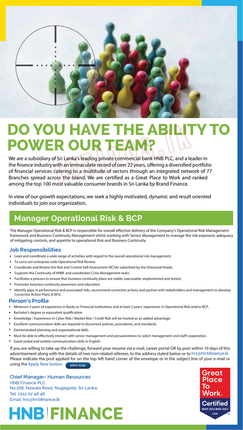 Manager Operational Risk & BCP