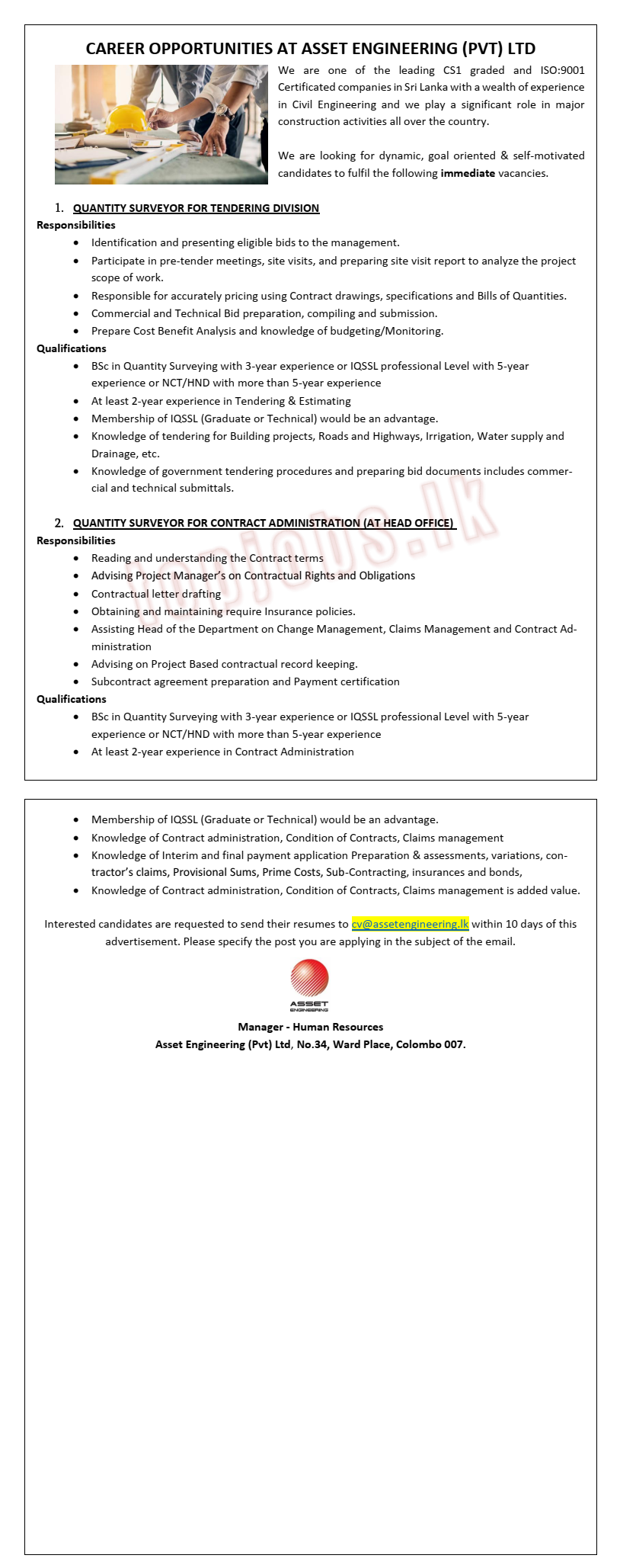 Quantity Surveyor for Tendering Division / Quantity Surveyor for Contract Administration (Head Office)