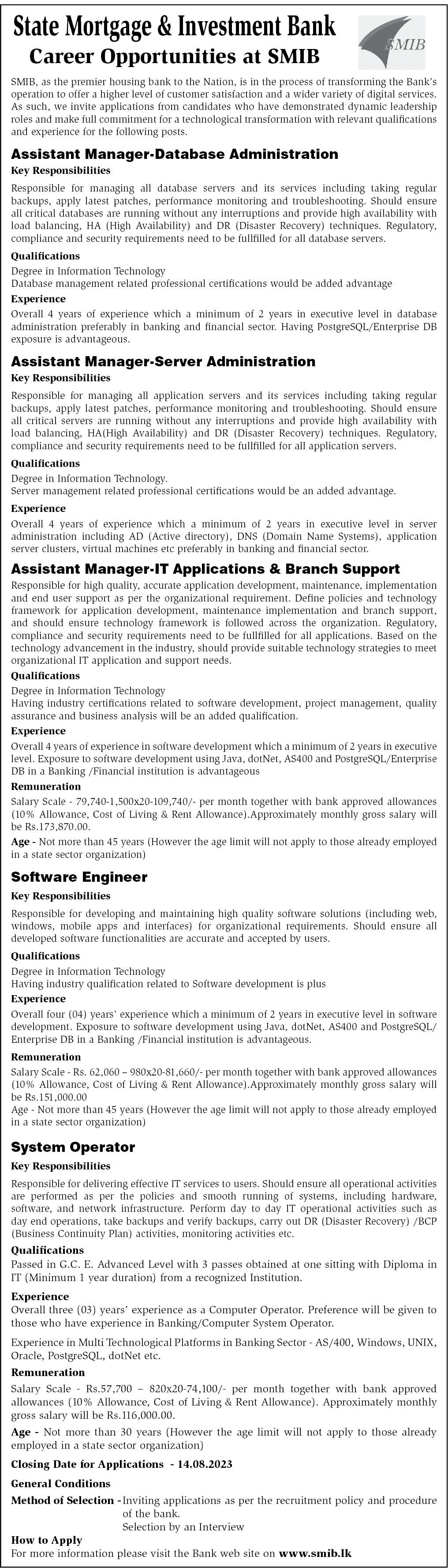 Assistant Manager,  Software Engineer, System Operator