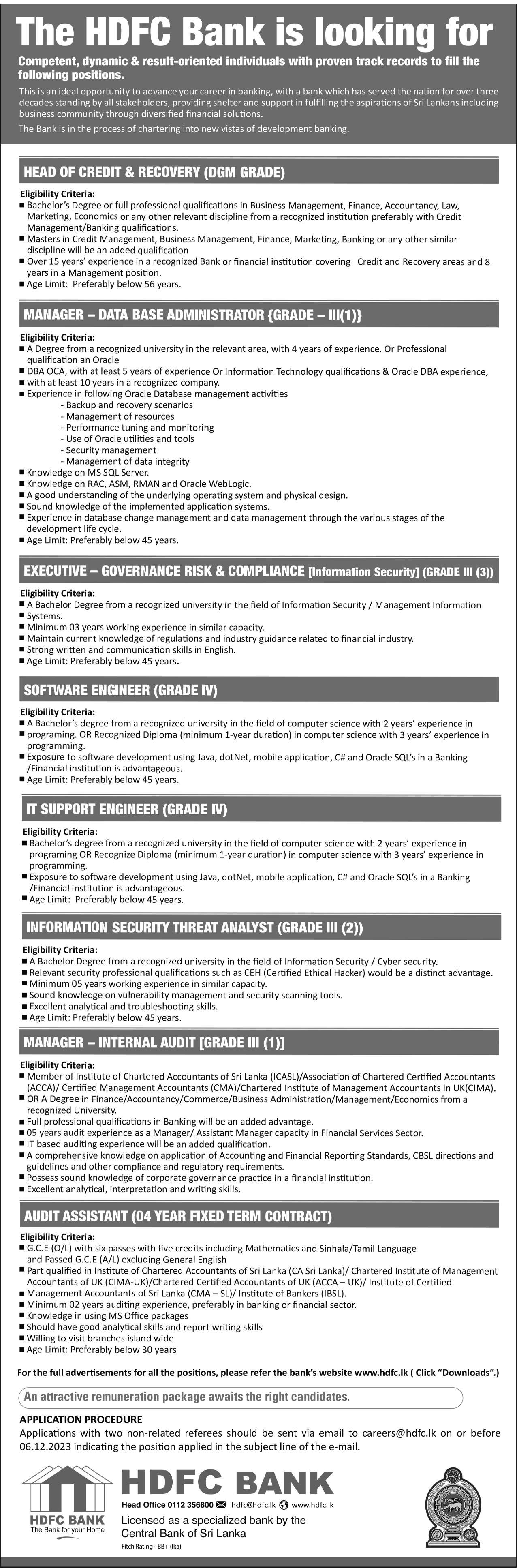 Head of Credit and recovery, Manager, Executive, software Engineer,  IT Support Engineer, Information Security Threat Analysis, Manager, Audit Assistant