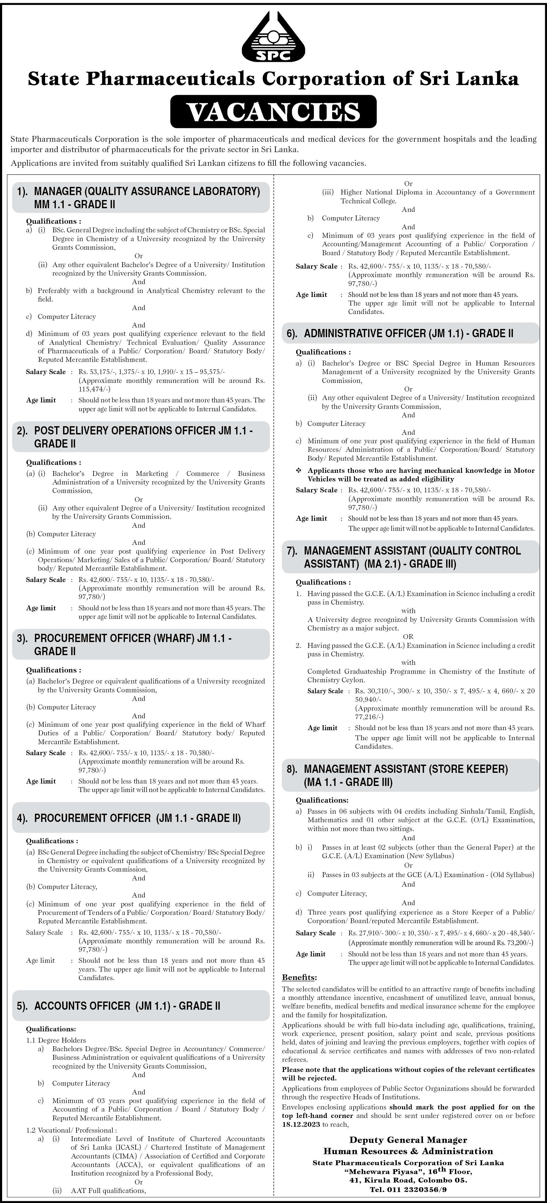 Manager, Delivery Operations  officer, Procurement officer,  Accounts officer,  Administrative Officer, Management Assistant